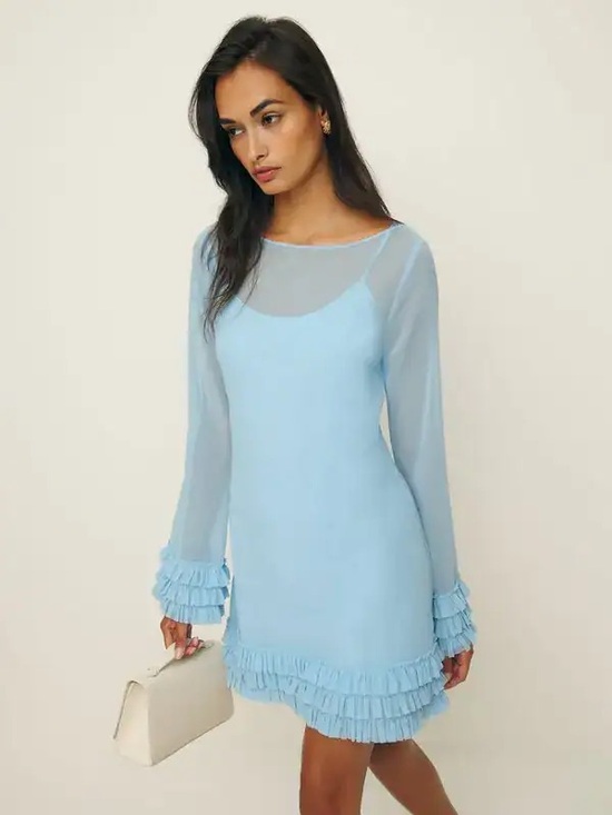 Reformation Dresses & Skirts - Reformation Avalina Sheer‎ Long-Sleeve Mini Dress Light Blue 4 MISSING SLIP